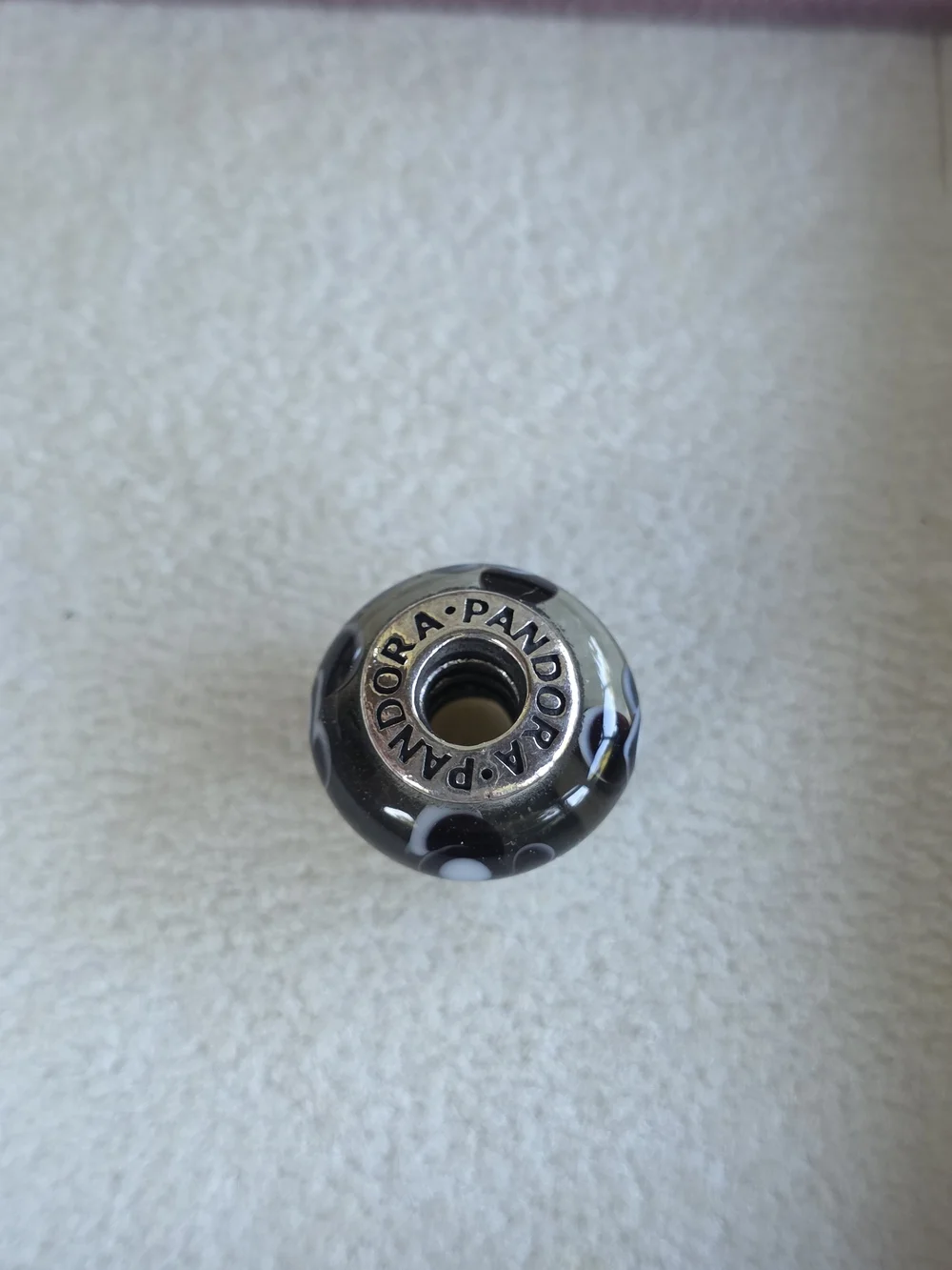 Pandora Gray Glass Charm with Black and White Dots